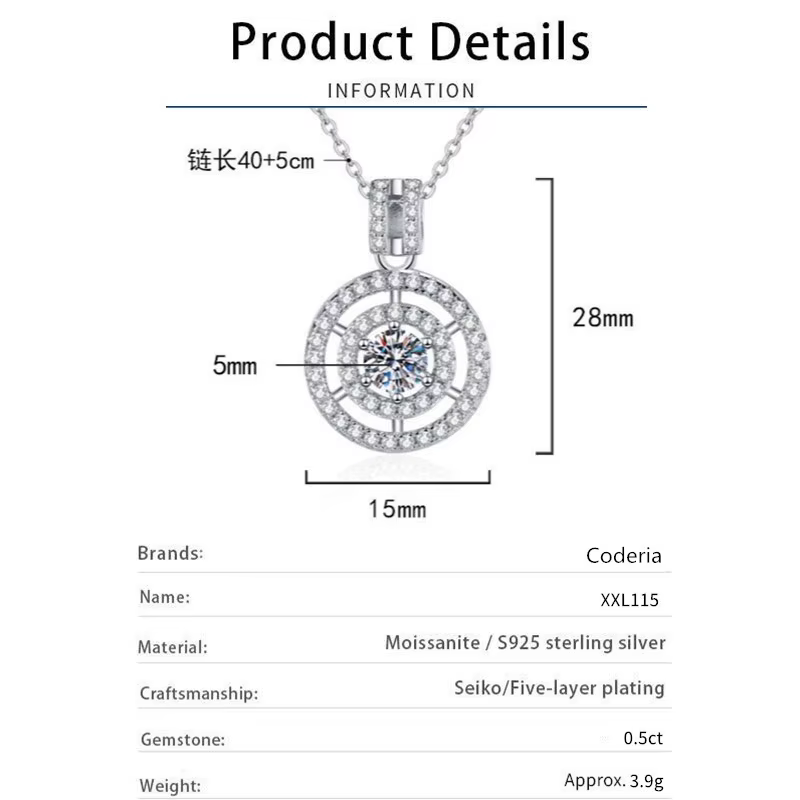 Collier pendentif de luxe en Moissanite plaqué or blanc 18 carats