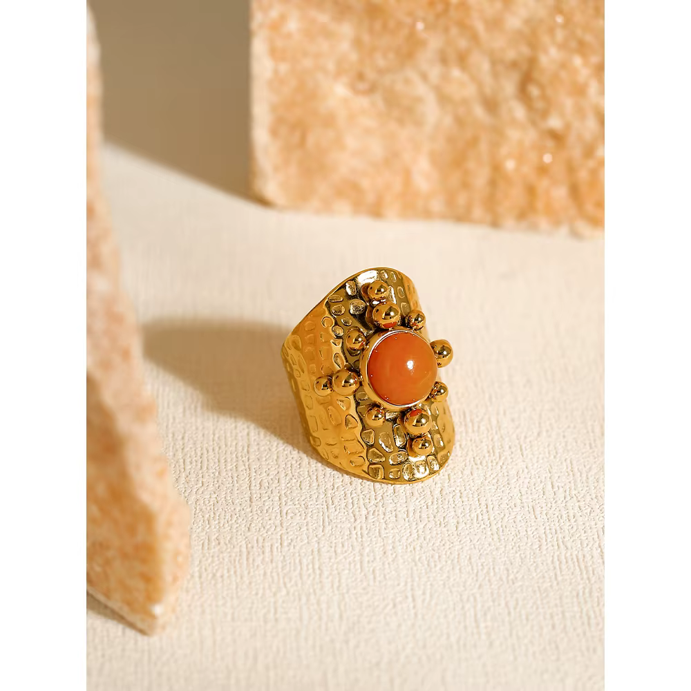 YACHAN 18K plaqué or inoxydable femmes large anneau luxe Pierre orange texture métallique bijoux esthétiques de mode