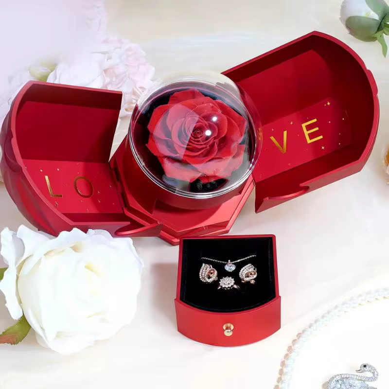 Boîte à bijoux de fleurs séchées en or rose avec compartiment d'amour secret – Surprise d'anniversaire de luxe dévoidant pour H