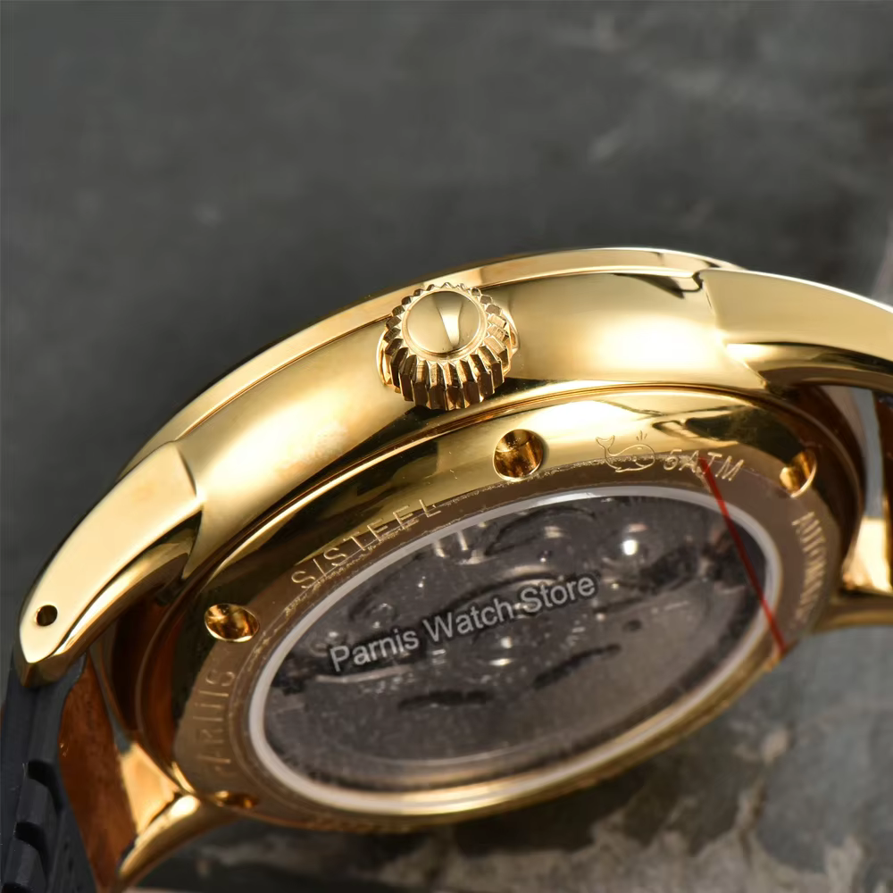 Parnis 39.5mm boîtier en or cadran noir automatique hommes montre bracelet en cuir saphir cristal
