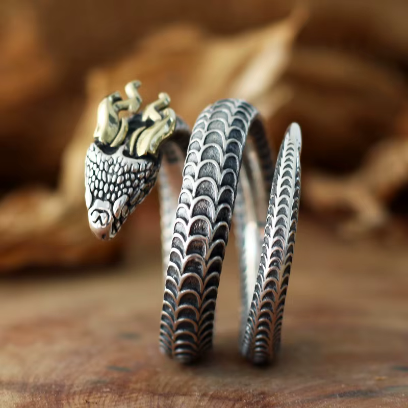 Buyee 925 en argent Sterling mâle grand anneau cornes serpent