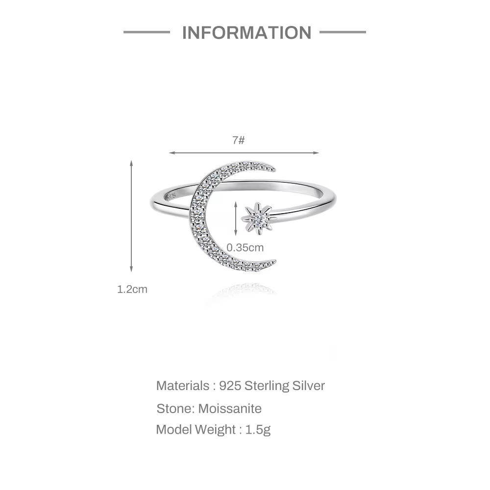 ROXI Moissanite octogonale étoile lune anneaux réglables 925 en argent Sterling exquis anneau ouvert pour les femmes bijoux de fiançailles cadeau