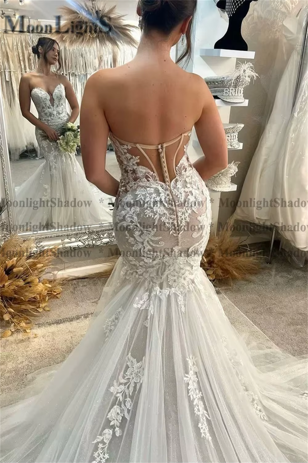 Lunaire sirène robes de mariée dentelle dos nu a-ligne robe