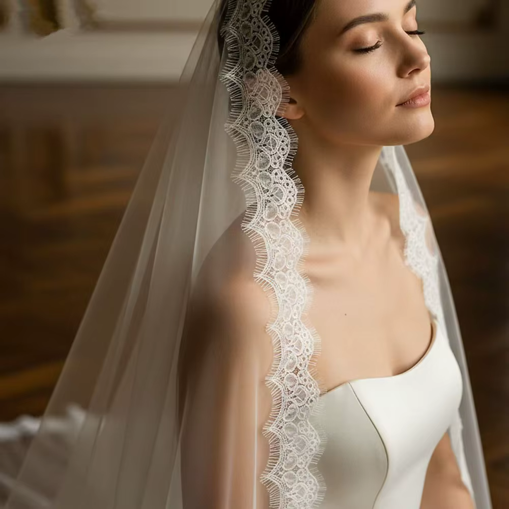 Voile de mariée élégant de 250 cm de long avec bordure en dentelle