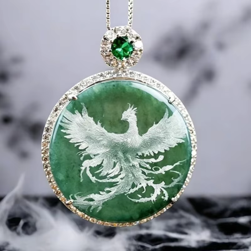 Collier pendentif Phénix en argent S925 avec émeraude naturelle véritable sculptée