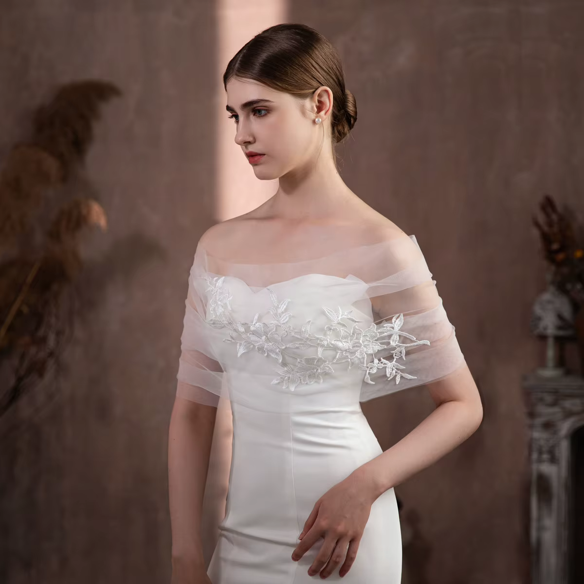 SLBRIDAL Élégant châle de mariée blanc en dentelle à fleurs