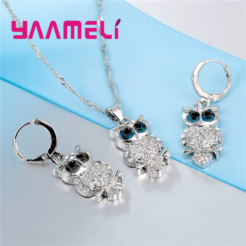 Ensemble de boucles d'oreilles et collier avec pendentif hibou en cristal AAA pour femmes