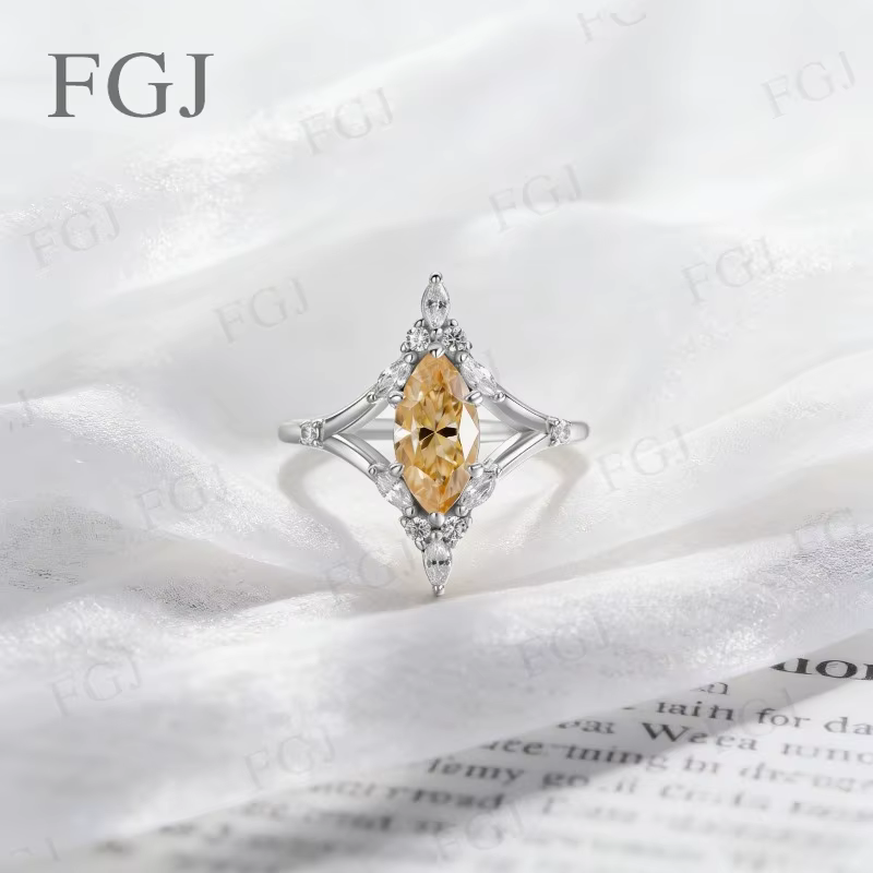 Bague Vintage en Moissanite Taille Marquise - Argent 925 Couleur D/Noir/Champagne Bijoux Fins Cadeau de Fiançailles Fête des Mères pour Femme