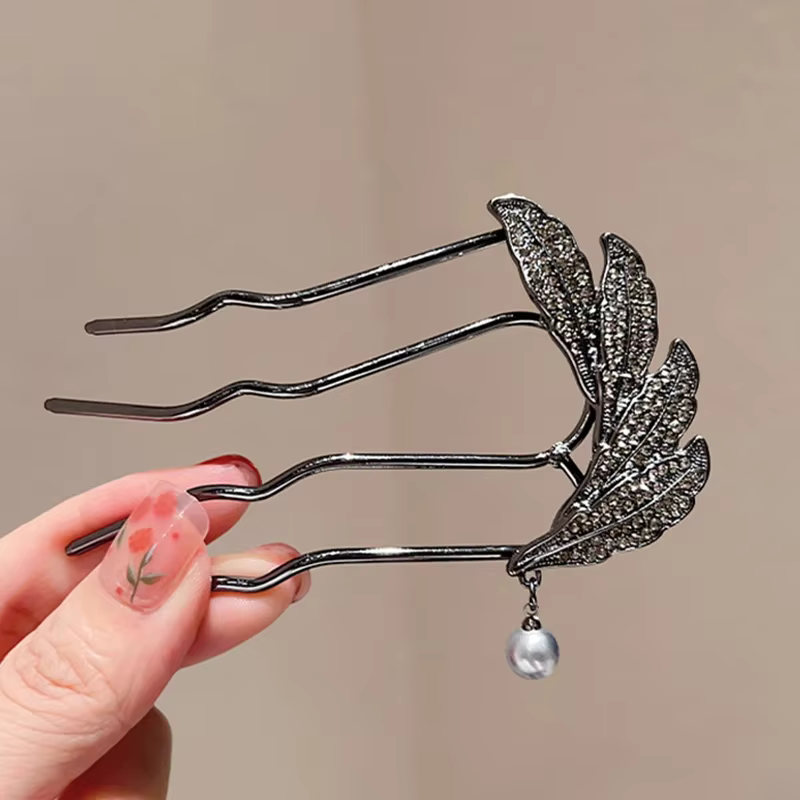 Peignes à cheveux en forme de U style antique avec strass et feuilles