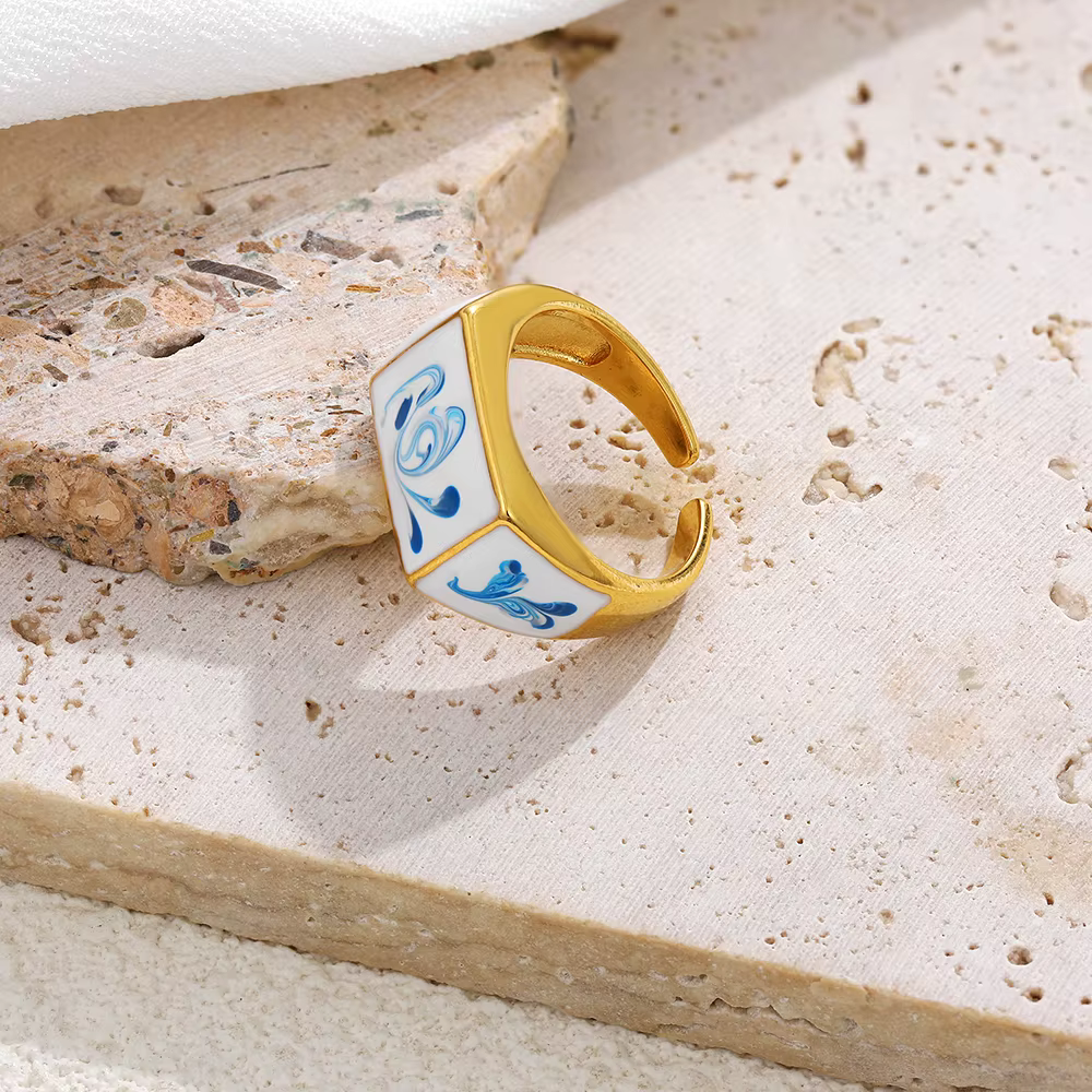 Bague ouverte Vintage en émail bleu blanc pour femmes