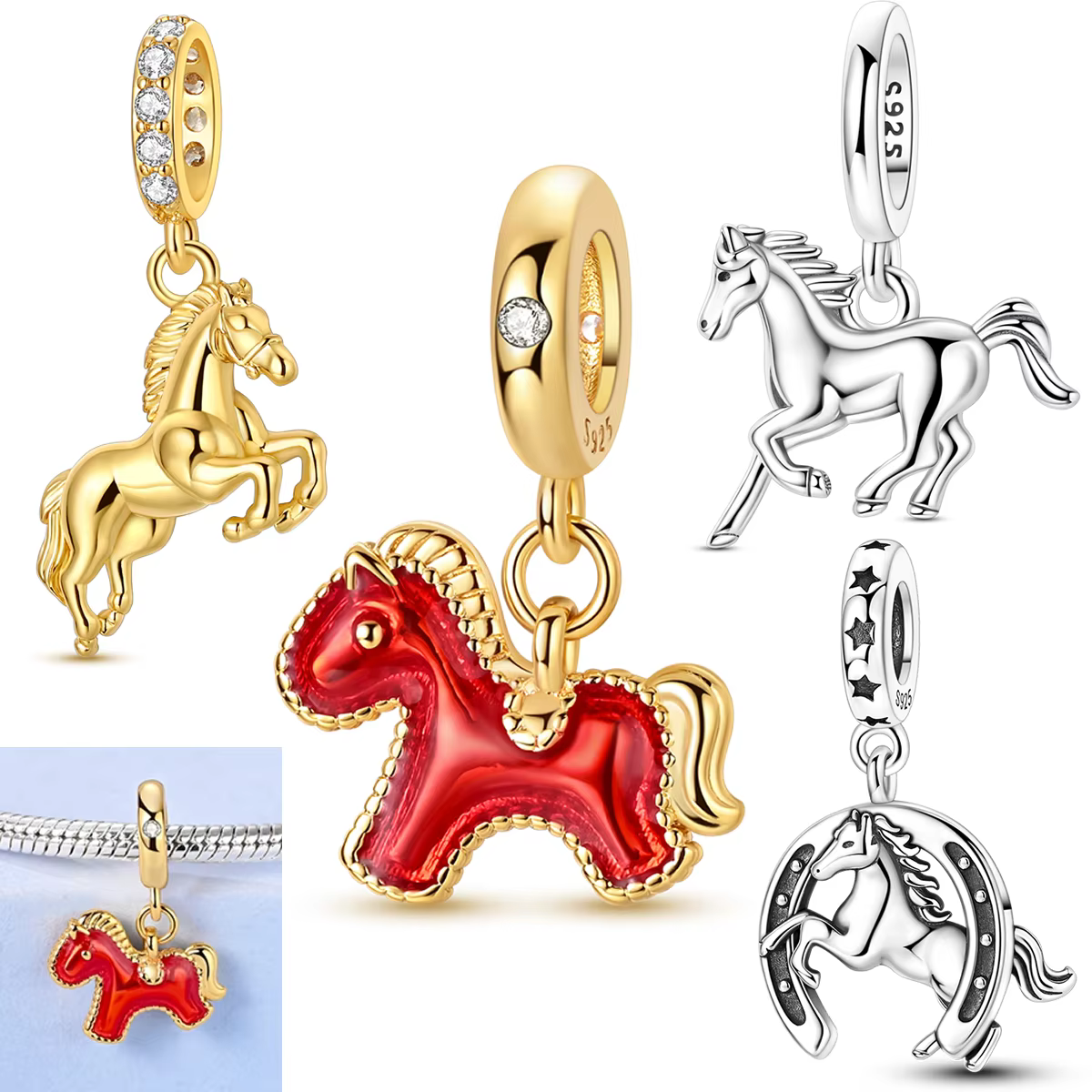 Breloques Perles Cheval Rouge Doré en Argent Sterling 925