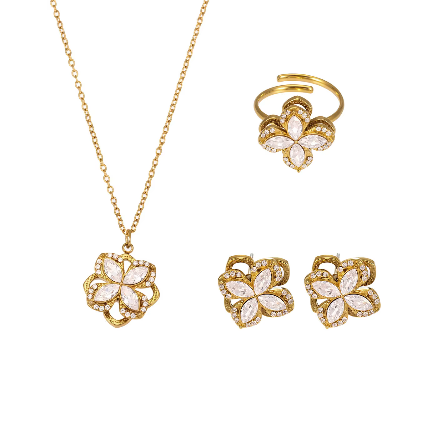 Collier et boucles d'oreilles à fleurs en zircone rotative pour femme