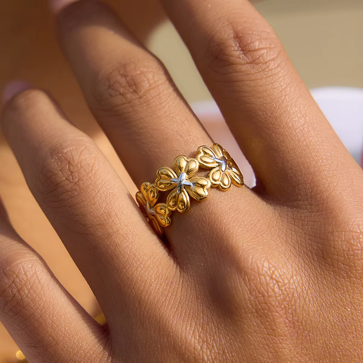 Zora – bague ouverte Vintage trèfle bicolore pour femmes