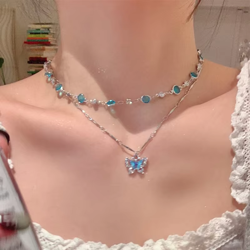 LATS – collier papillon romantique en cristal bleu pour femmes et filles