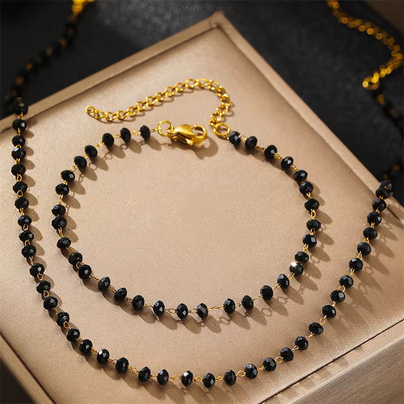 Bohème acier inoxydable noir perle verre pierre collier Bracelet ensemble femme bijoux Bijuterias Kits Atacado Pra Revender