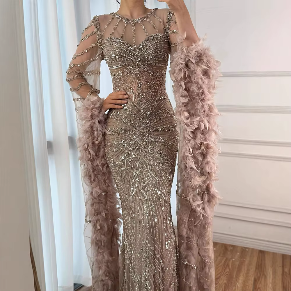 Serene Hill-Robe de soirée sirène personnalisée avec poignets en plumes, perles caramel, occasion formelle, BLA72708A, 2025