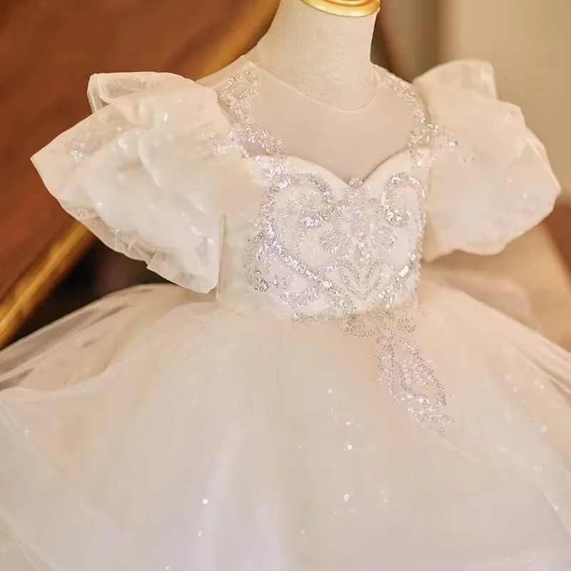 2025 fleur mariage petite fille robe de soirée enfants Piano Performance hôte défilé princesse robes enfant blanc redingote Vestido