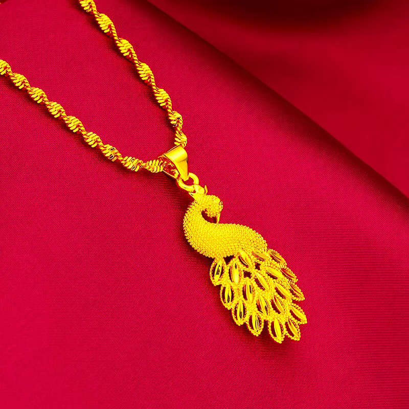 Collier Pendentif Paon en Or de Sable du Vietnam avec Chaîne Vague d'Eau pour Femme