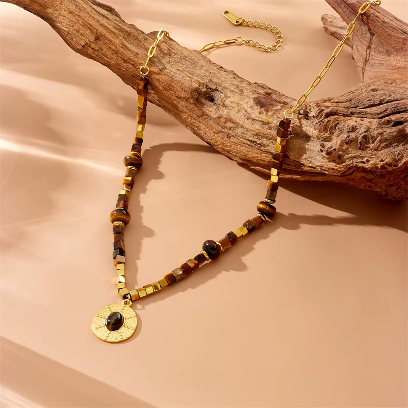 DIEYURO SION L-Collier pendentif œil de tigre vintage pour femme