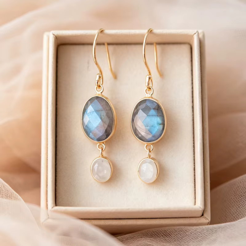 Boucles d'oreilles pendantes élégantes en pierre de lune synthétique style bohème pour femme