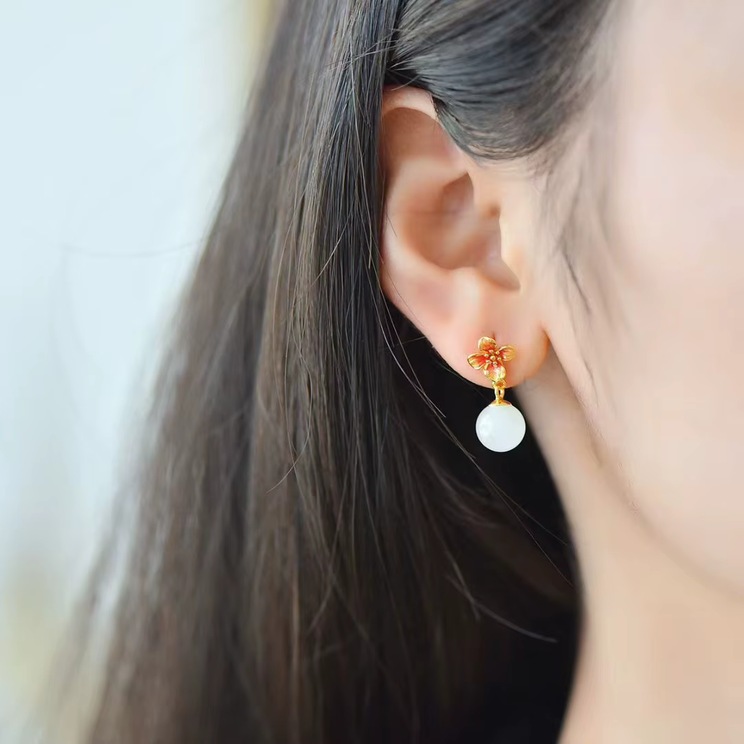 Certifié Vintage mode 925 argent ensemble naturel blanc Jade fleur oreille Stud véritable néphrite goutte balancent gland boucle d'oreille bijoux