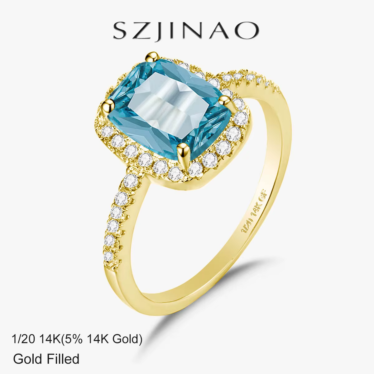 Bague aigue-marine remplie d'or massif 14 carats pour femmes