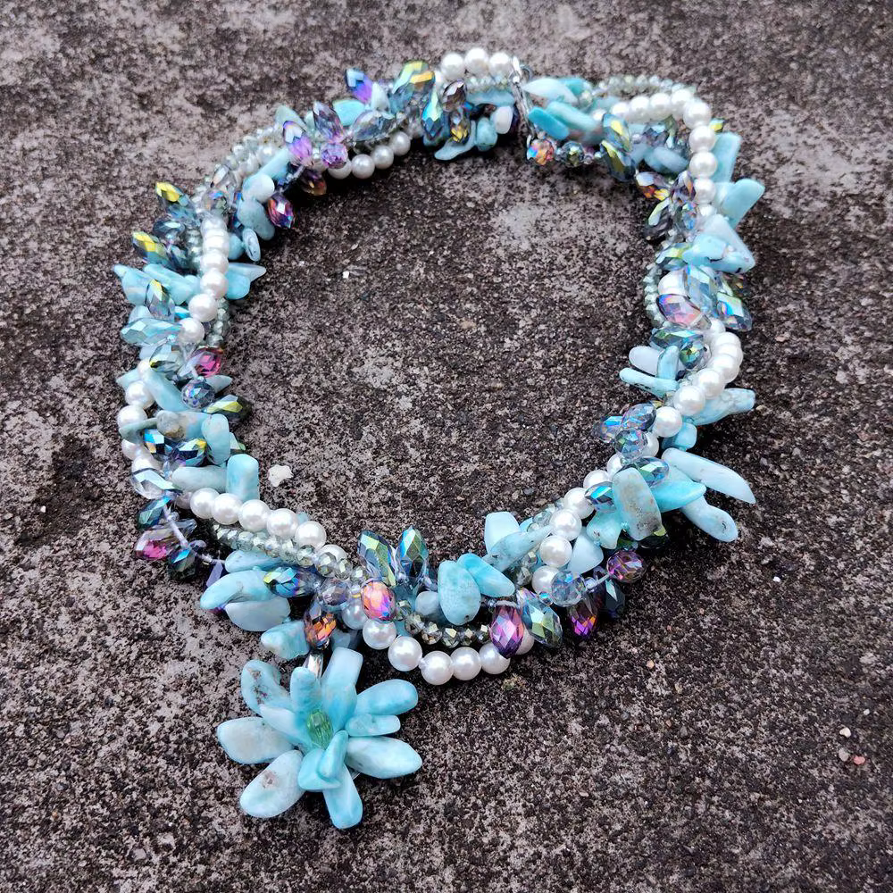 KKGEM 4 brins 9x16mm Larimar 6mm coquille de mer blanche cristal Torsade collier élégant déclaration colliers bijoux