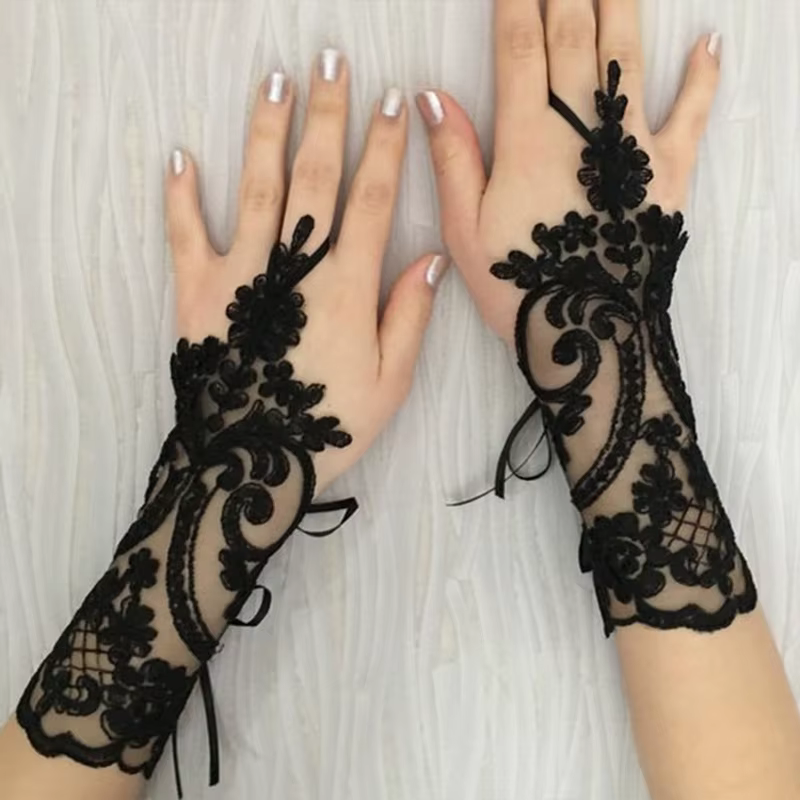 Gants de Mariage Blancs et Noirs en Dentelle à Fleurs pour Femme