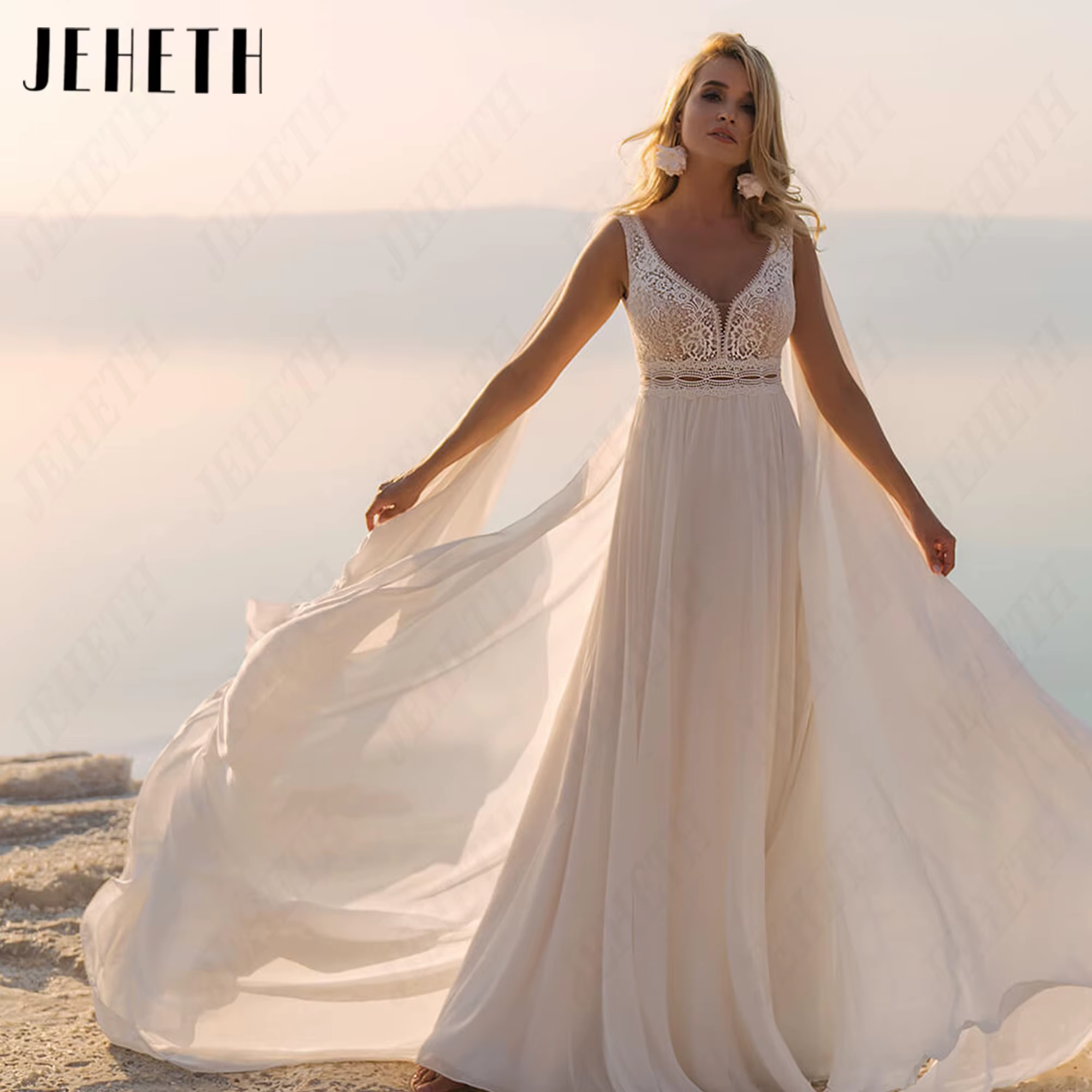 JEHETH Robe de Mariée Bohème Sans Manches Mousseline Coupe A Sur Mesure Col V Profond Dos Nu Appliques Dentelle Taille Découpée Jupe Longue Flottante Mariage Plage Shooting Coucher de Soleil Bord de M