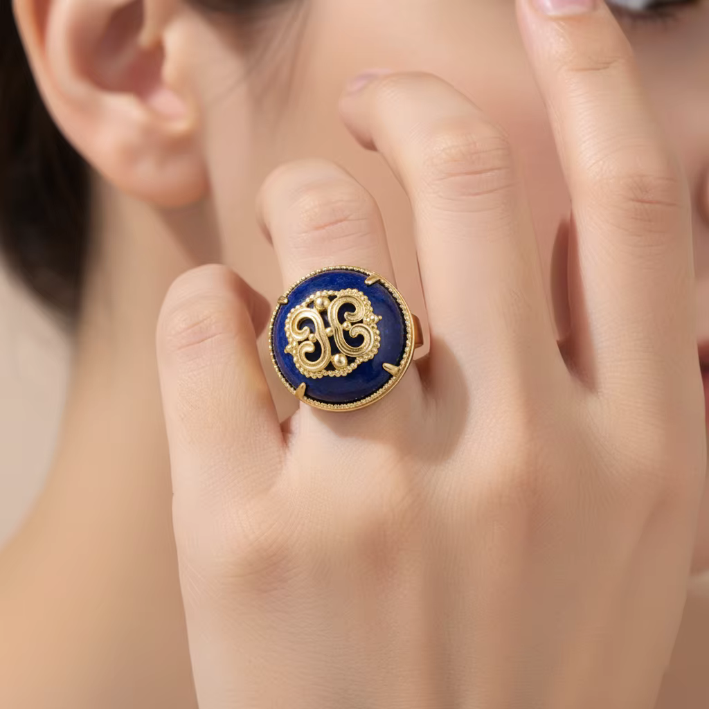 Grand anneau rond Vintage en Lapis Lazuli pour femmes