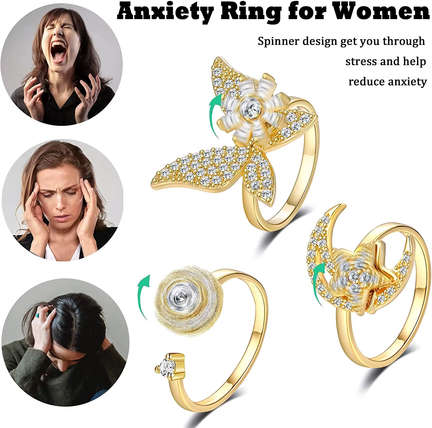 SMJEL Bague Fidget Spinner Rotative Anti-Stress pour Femme