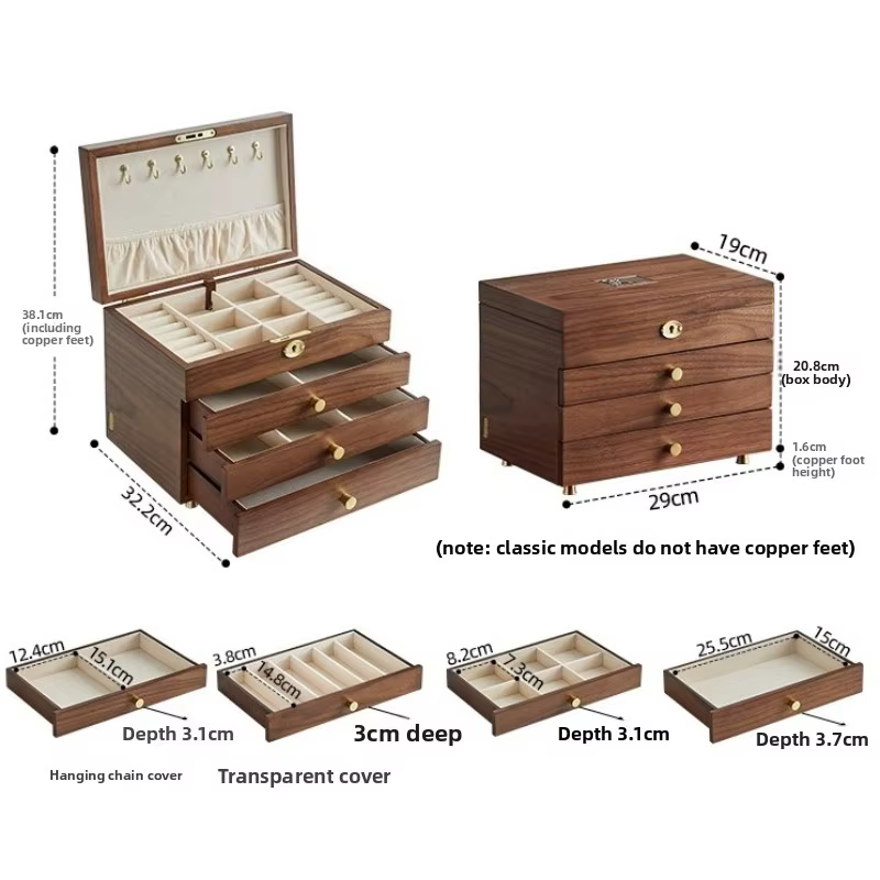 Boîte à bijoux en bois massif avec serrure