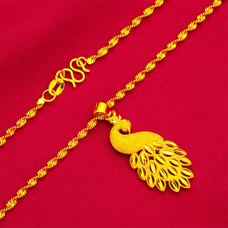 Collier Pendentif Paon en Or de Sable du Vietnam avec Chaîne Vague d'Eau pour Femme