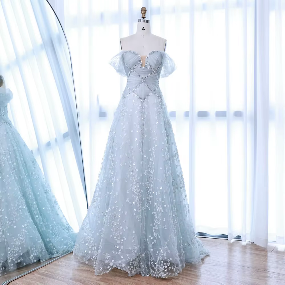 Robe de soirée trapèze bleu clair luxueuse avec fleurs 3D et manches détachables en mousseline de soie Serene Hill 2025 LA73099