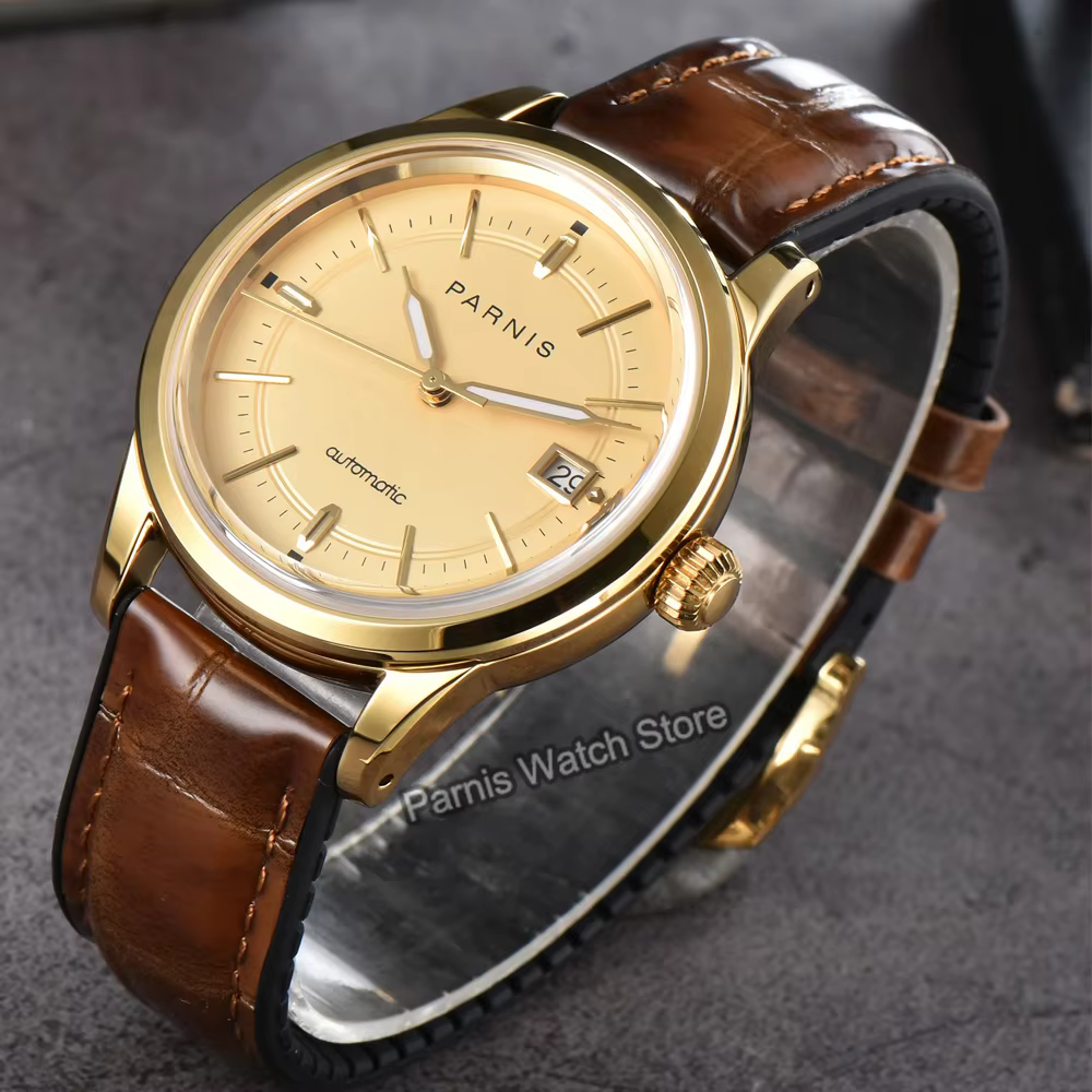 Parnis 39.5mm boîtier en or cadran noir automatique hommes montre bracelet en cuir saphir cristal
