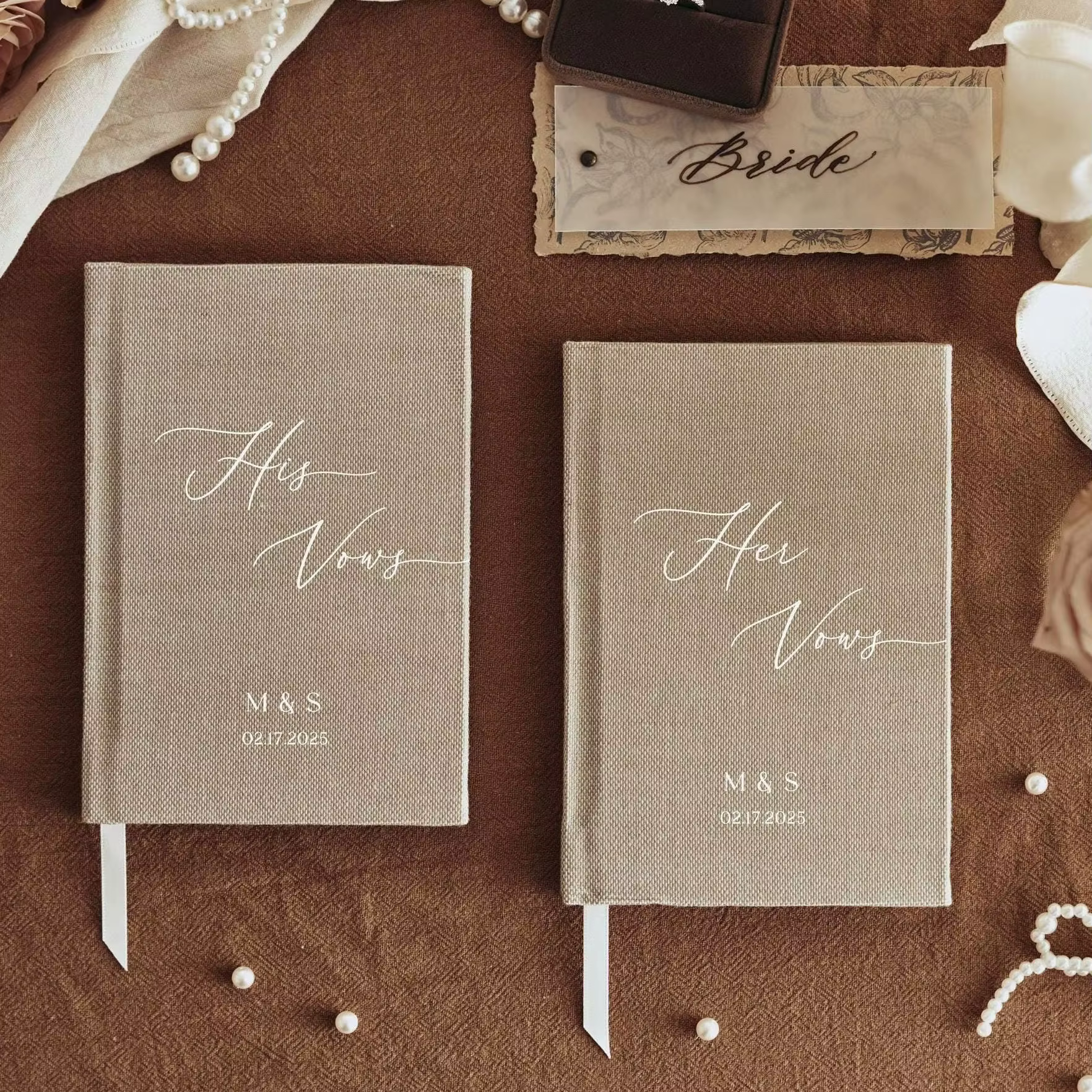 Coffret de 2 livrets de vœux de mariage personnalisés en lin