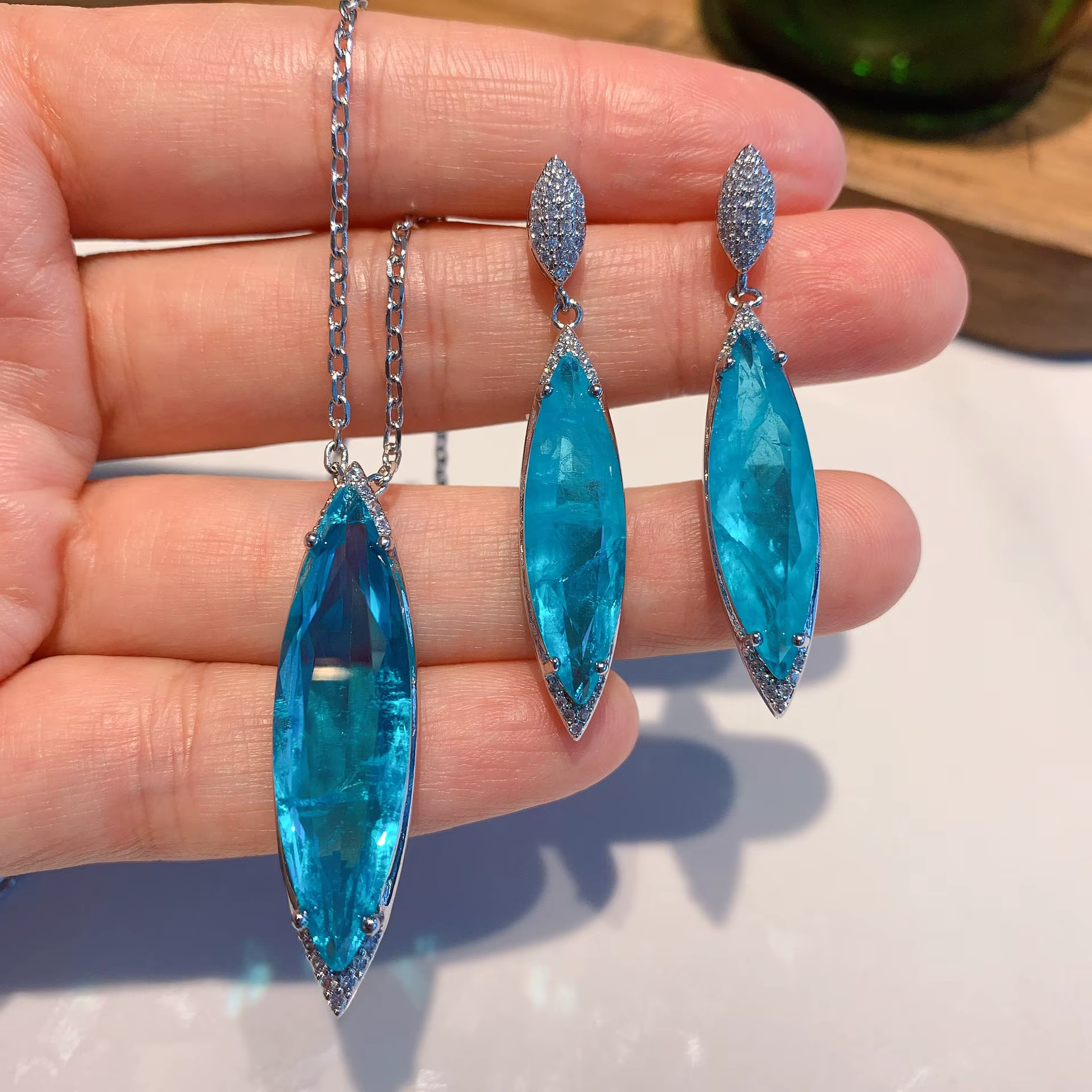 Paraiba-Ensemble de bijoux en cristal bleu pour femme