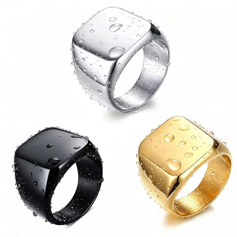 Bague chevalière dorée en acier inoxydable pour hommes