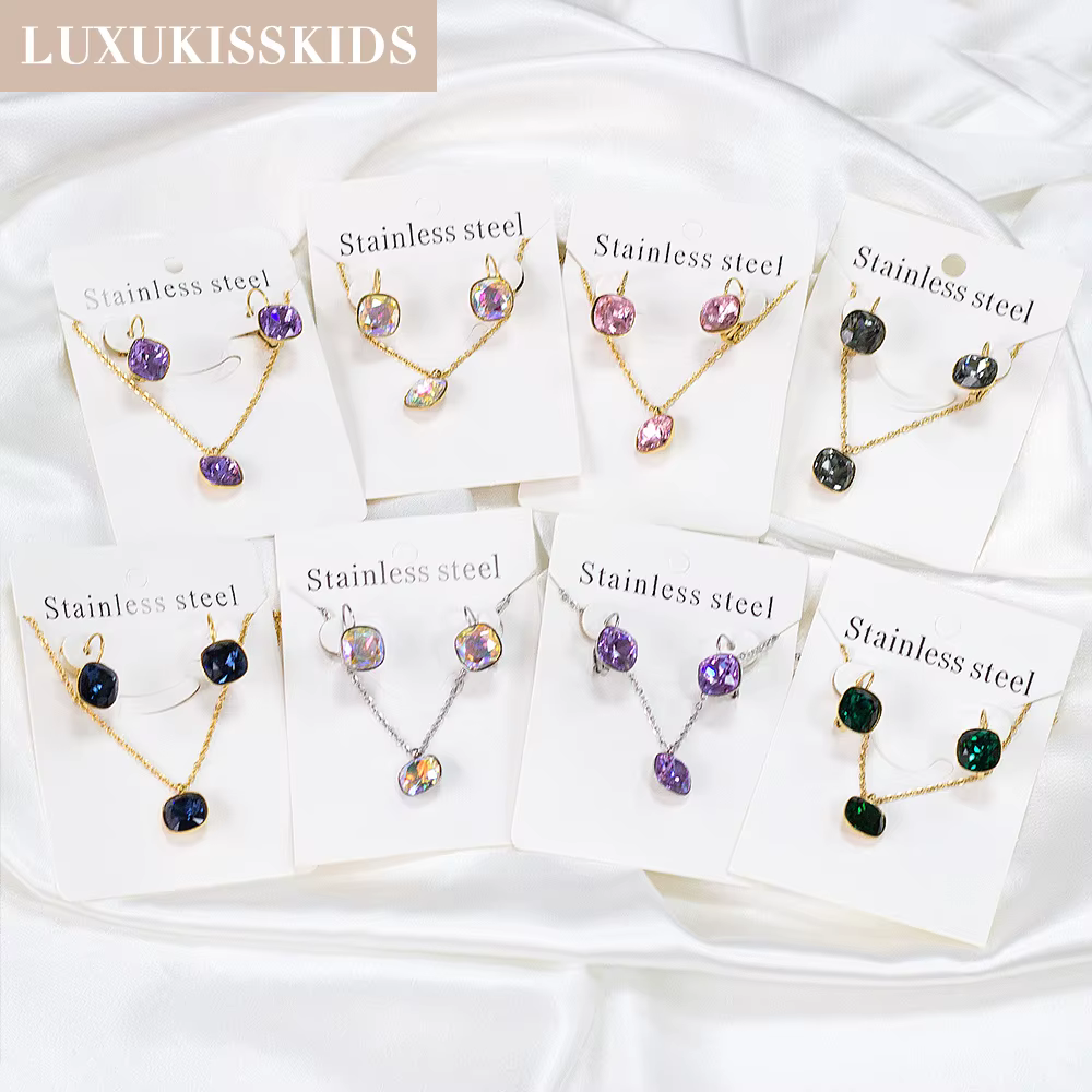 LUXUKISSKIDS carré cubique zircone ensembles de bijoux à la mode géométrique multi-coloré brillant cristal collier boucles d'oreilles ensemble en gros
