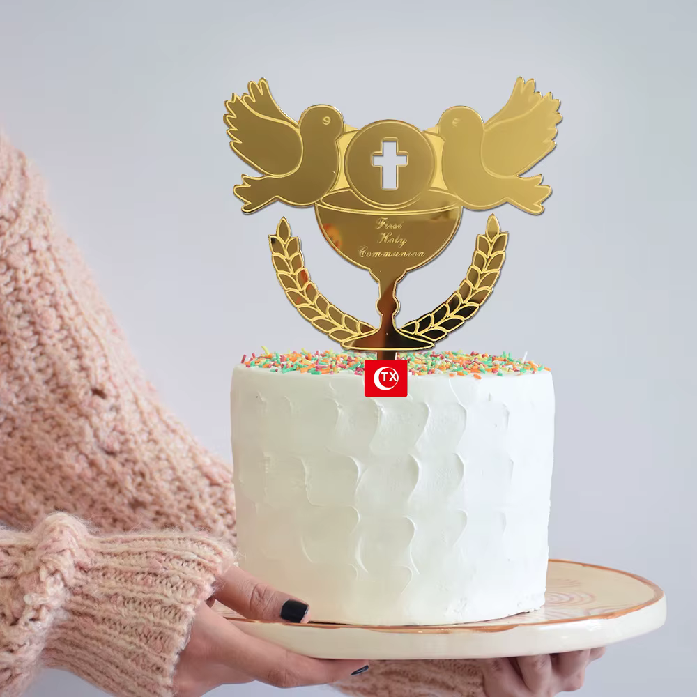 Nouveau Topper de Gâteau Baptême Garçons et Filles Pigeons IHS Eucharistie Doré pour Fête d'Anniversaire Décoration