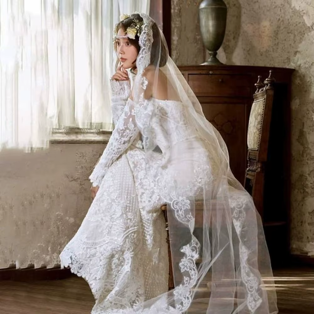 Nouveau Voile de Mariée en Dentelle Florale