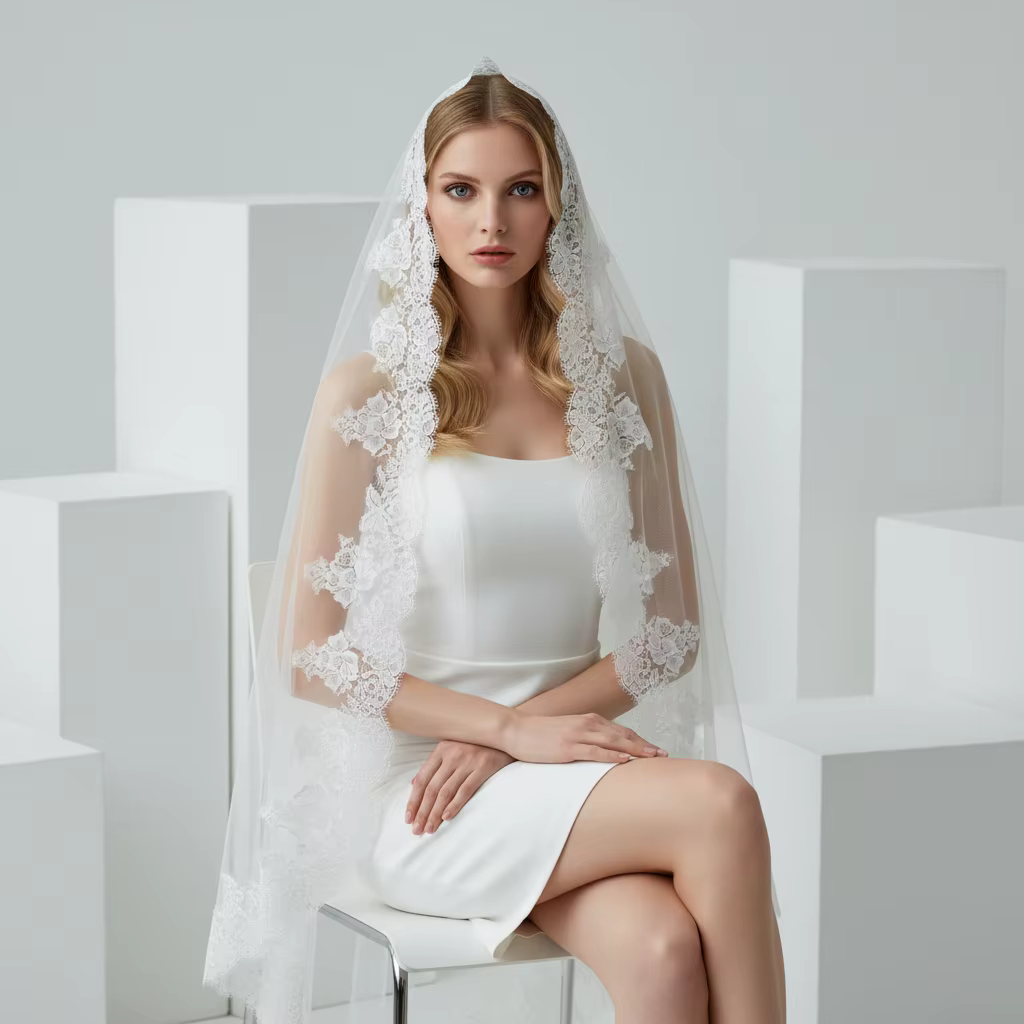 Voile de mariée élégant en dentelle blanche avec appliques florales