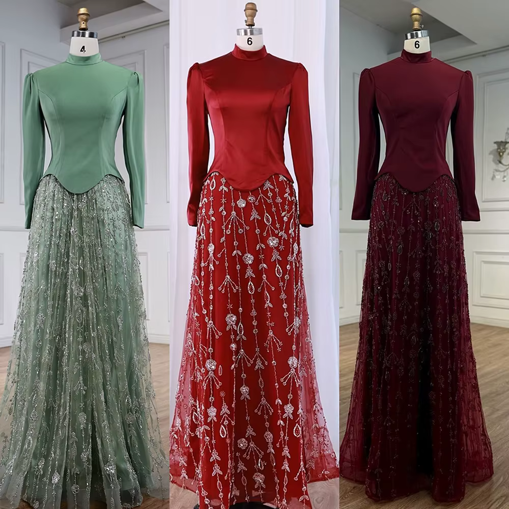 Robe de soirée musulmane verte sauge élégante