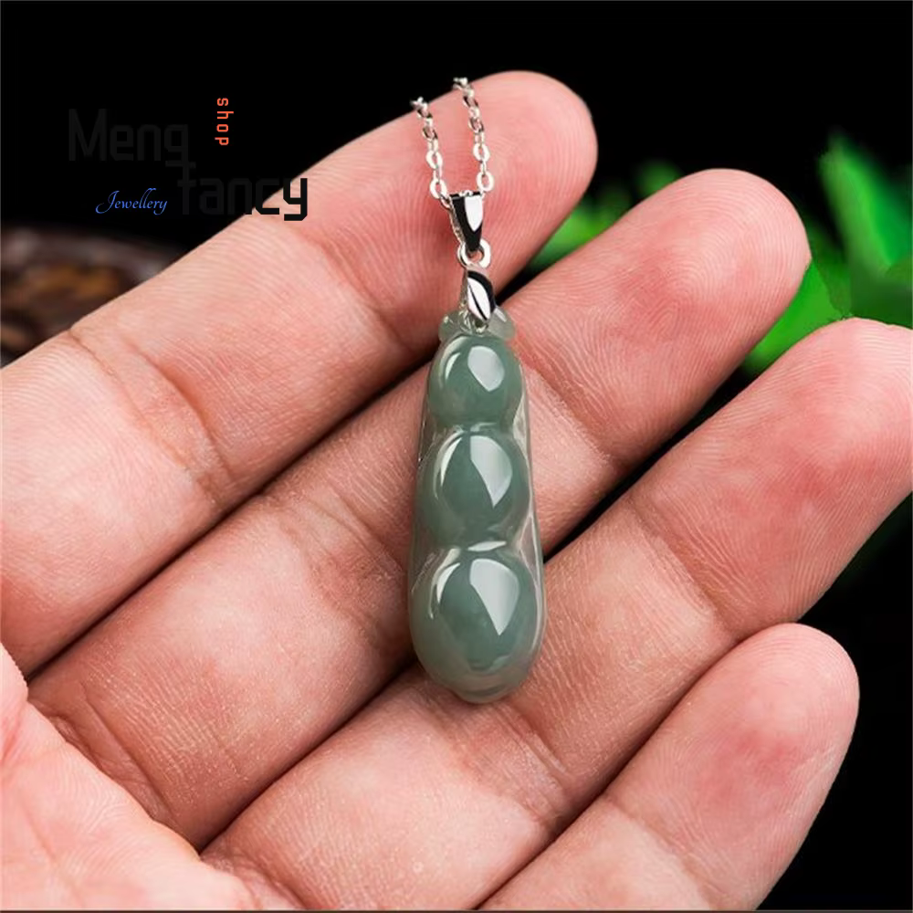Naturel Myanmar A-goods jadéite huile vert béni haricot pendentif S925 argent incrusté collier exquis luxe qualité bijoux fins
