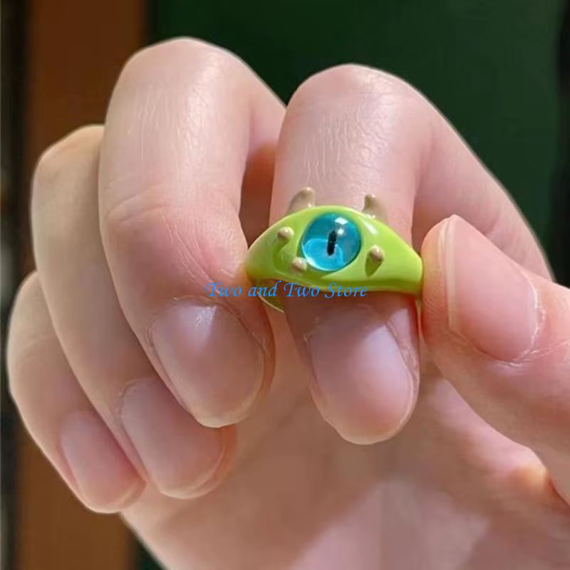 Hx6f drôle vert blanc chat monstre ring sweet yeux doux cool dessin animé mignon copines couple ouvert cadeau bijoux