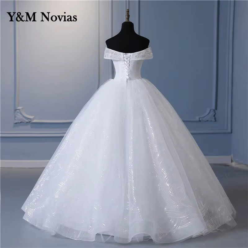 Y & m Novias-Robes de mariée en dentelle ivoire blanc cassé scintillant