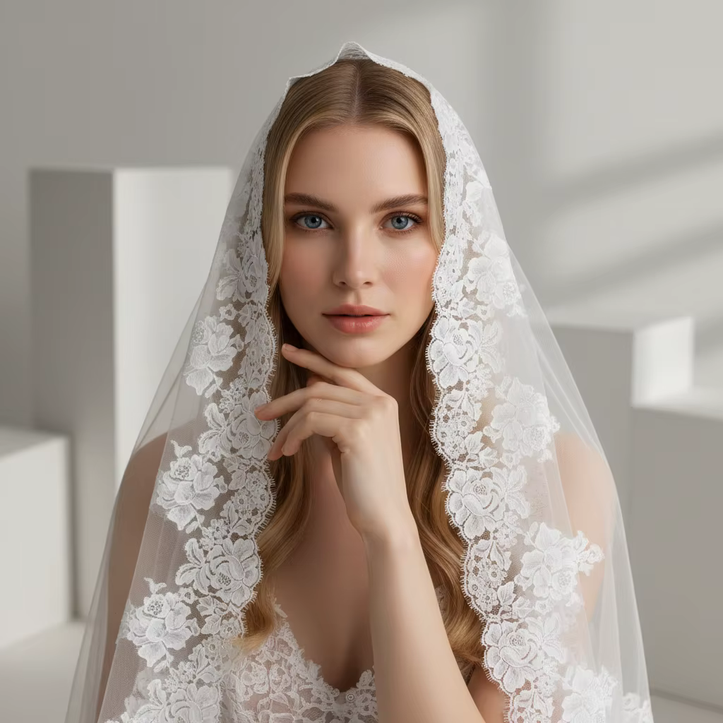 Voile de mariée élégant en dentelle blanche avec appliques florales