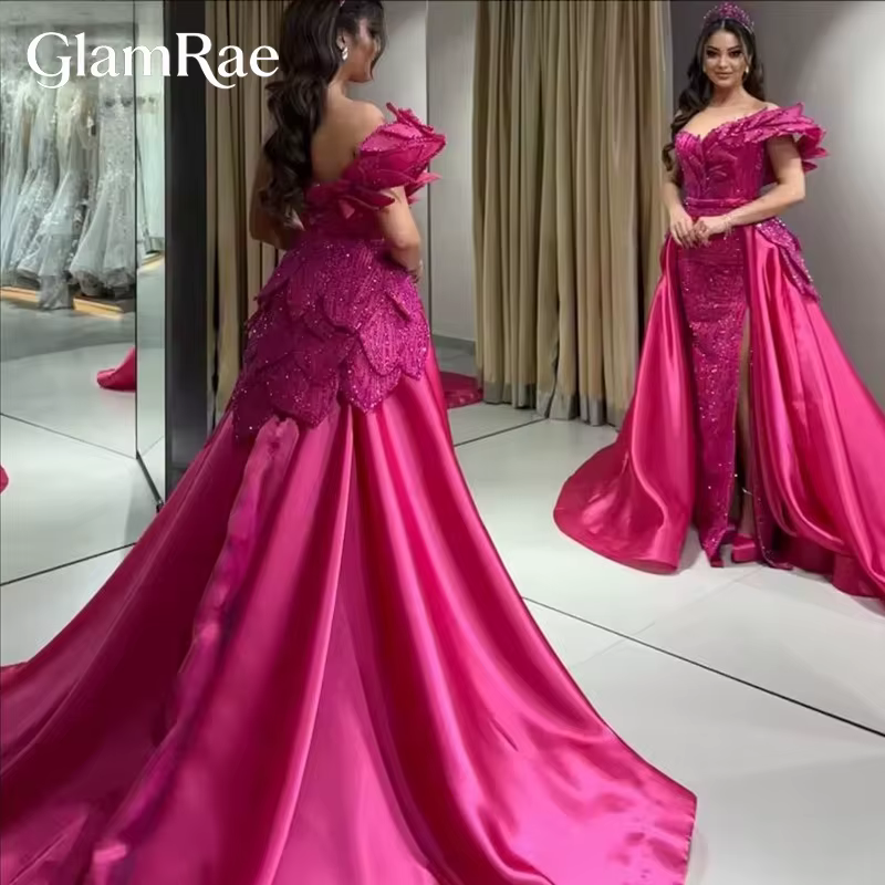 Robes de soirée à épaules dénudées pour mariage arabe dubaï cristaux longue traîne femmes robe