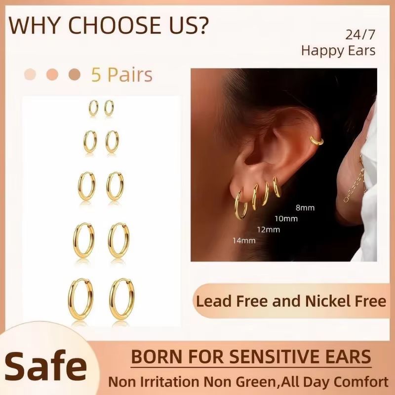5 paires de boucles d'oreilles Huggie créoles plaquées or 14 carats pour femmes