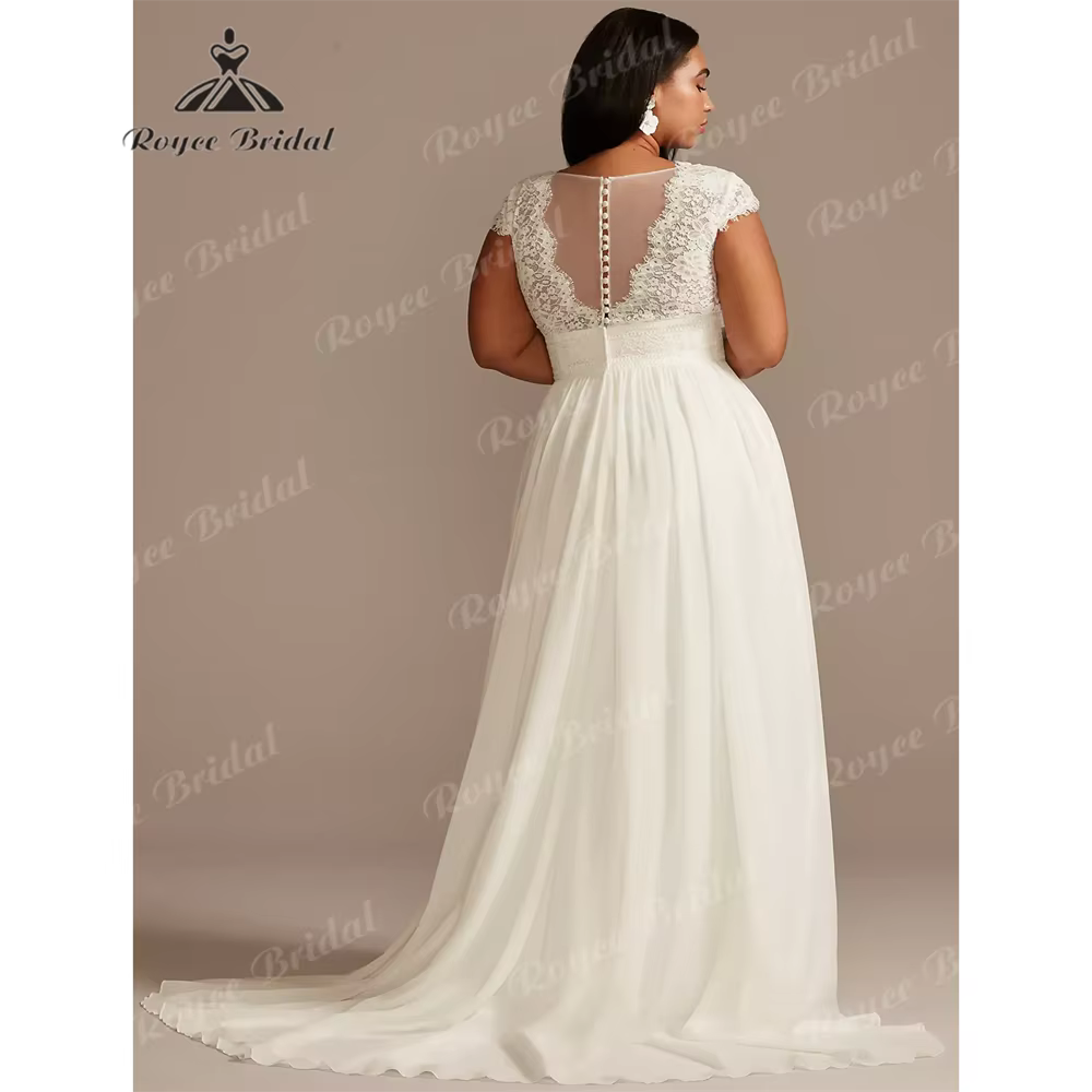 Col en V une ligne robe de mariée 2025 en mousseline de soie Court Train